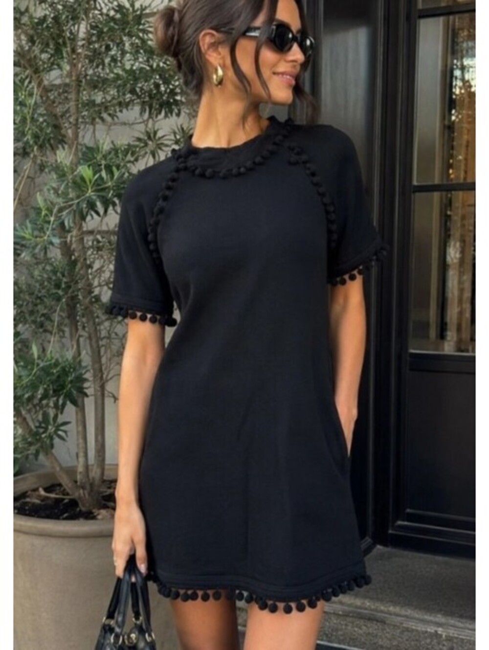 MARC JACOBS black pompom short sleeve mini dress sz S